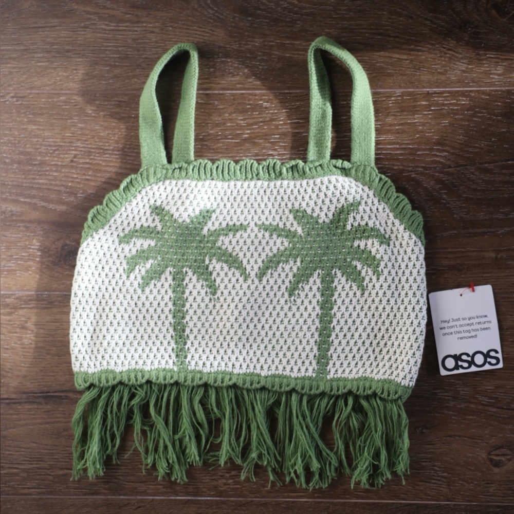 ASOS Design Palm Tree Knit Crop Top w/ Fringe Hem – Size S